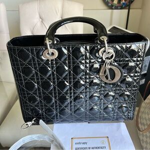 With COA: Excellent Christian Dior Lady Dior Black Large Tote